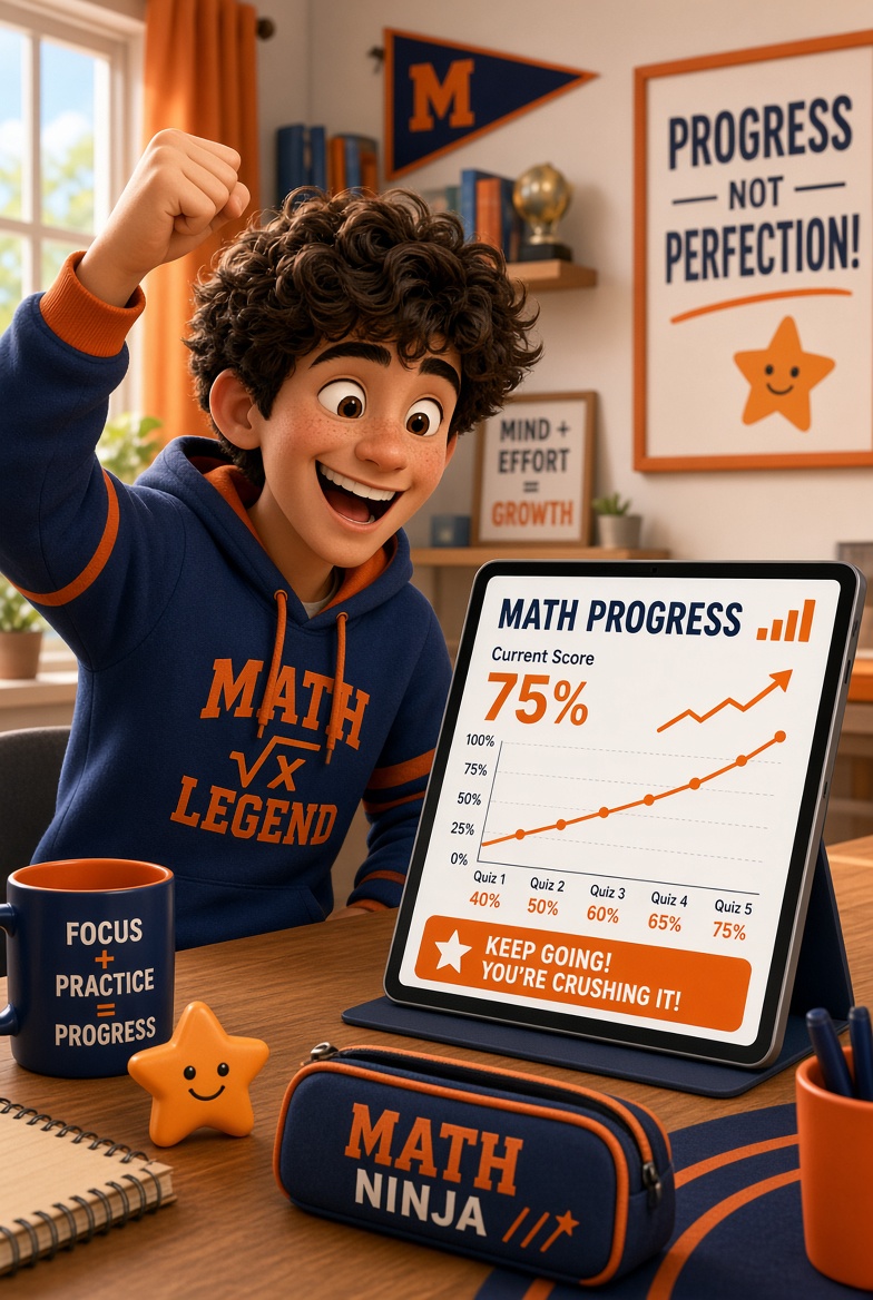Student celebrating progress on tablet